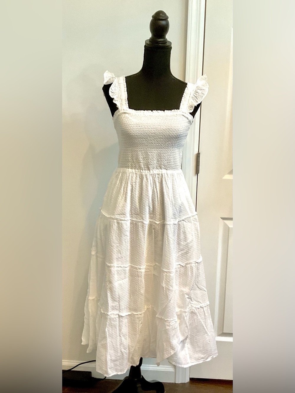 J. Crew White Smocked Tiered Maxi Dress with Ruffle Straps